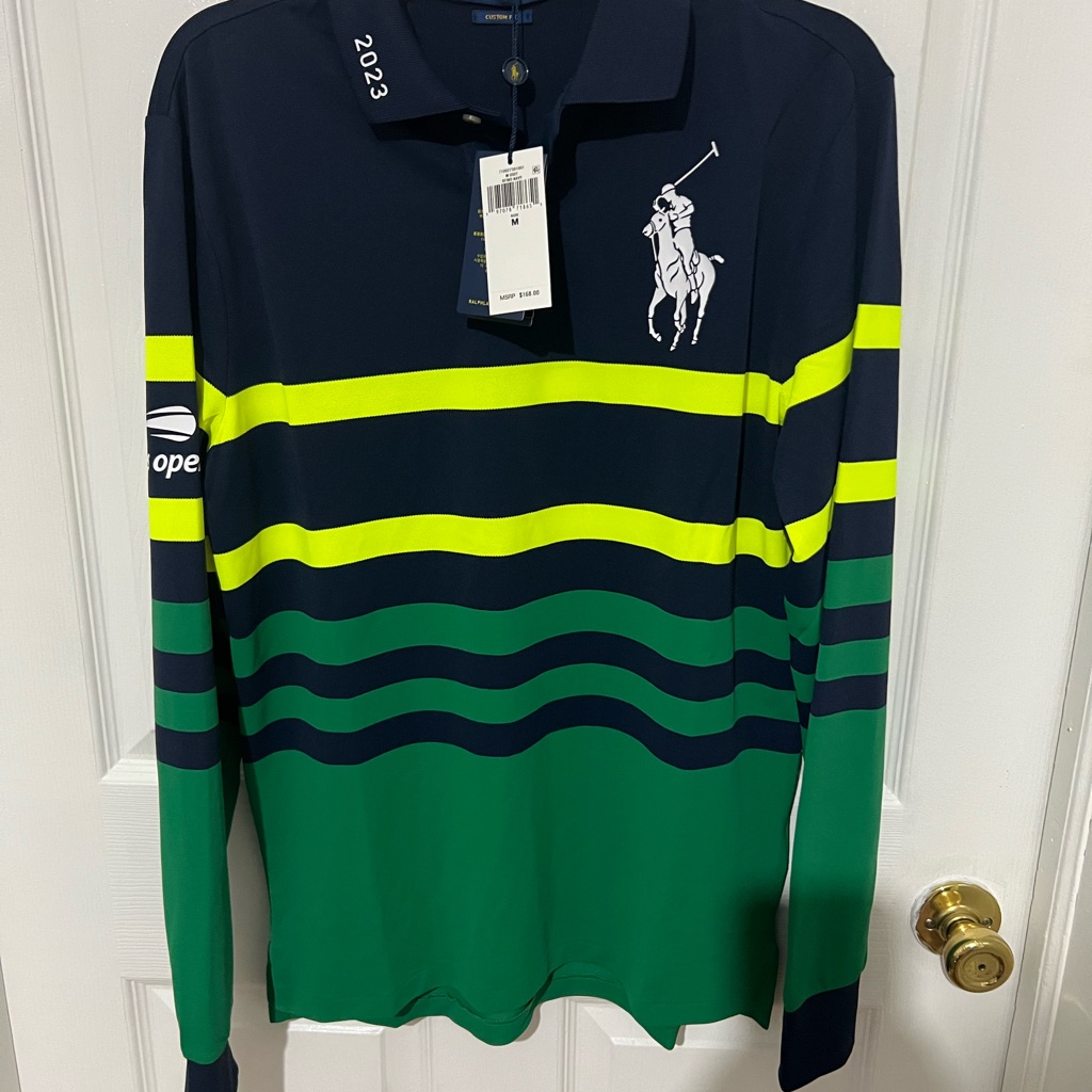 Polo By Ralph Lauren Navy  Green Striped LongSleeve Polo Us Open 2023